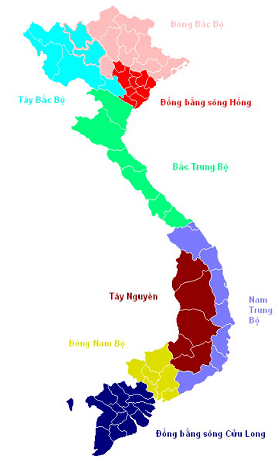 Bản đồ vùng miền Việt Nam (đồng bằng sông Cửu Long, Đông Nam Bộ, Nam Trung Bộ, Tây Nguyên, Bắc Bộ, đồng Bằng Sông Hồng, Tây Bắc Bộ, Đông Bắc Bộ)