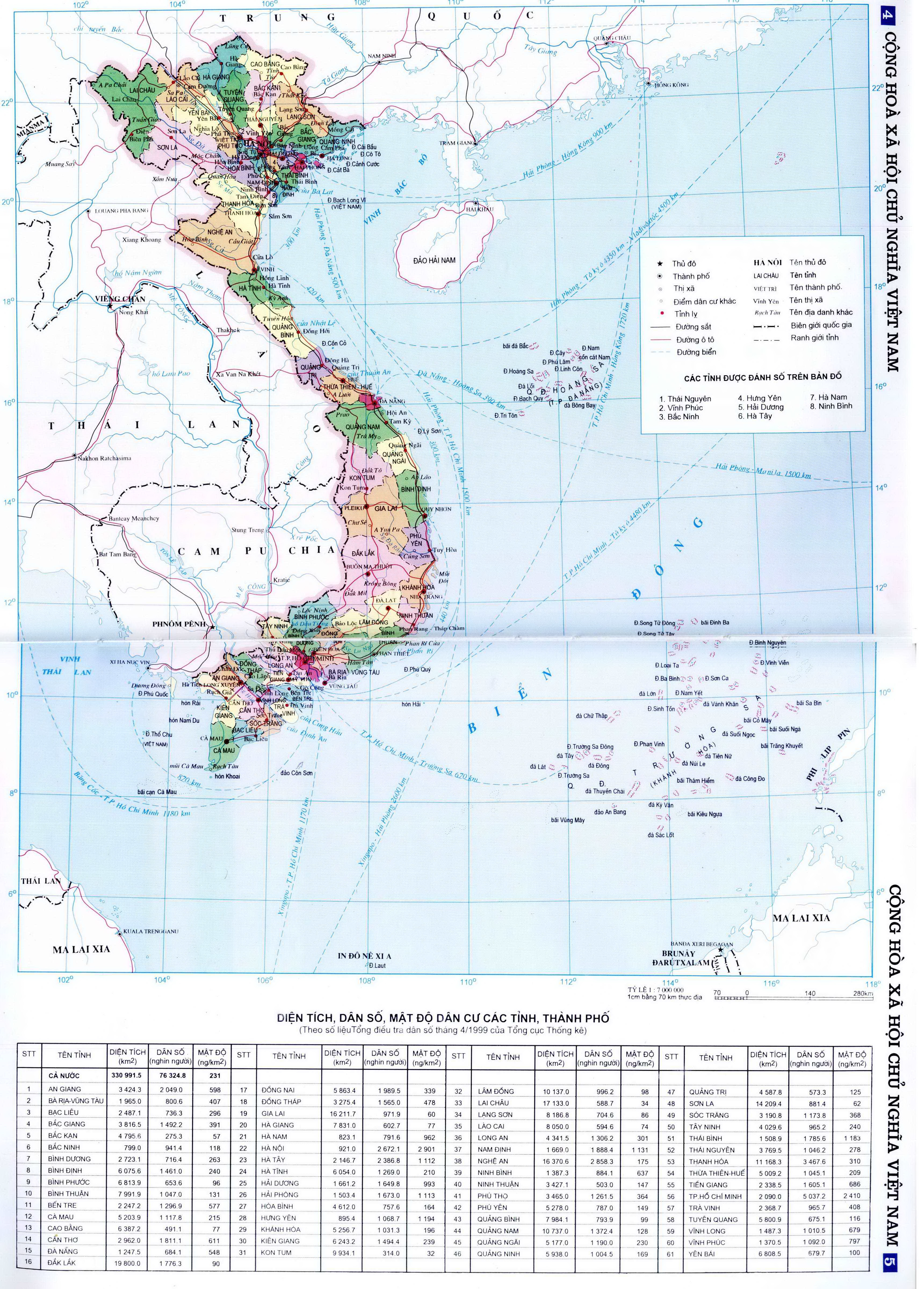 Bản đồ thống kê diện tích, dân số, mật độ dân cư các tính thành phố Việt Nam ( cỡ lớn )